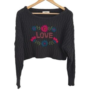Natural Life Cropped Sweater Medium Floral Embroidered Love Boho Granola‎ Girl